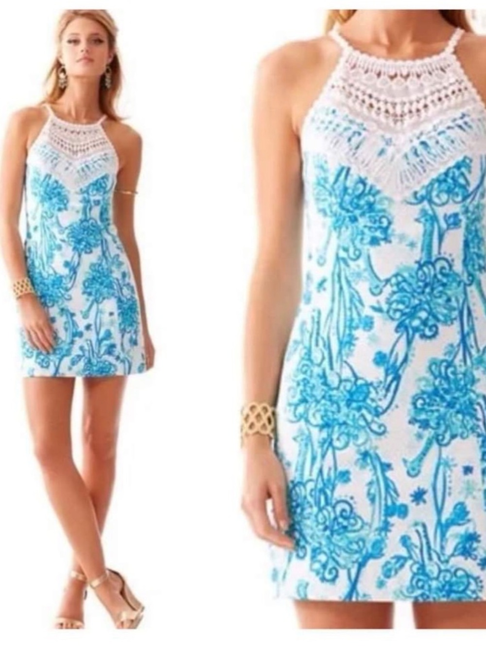 Lilly Pulitzer White Crochet Halter Mini Dress with Blue Floral Print